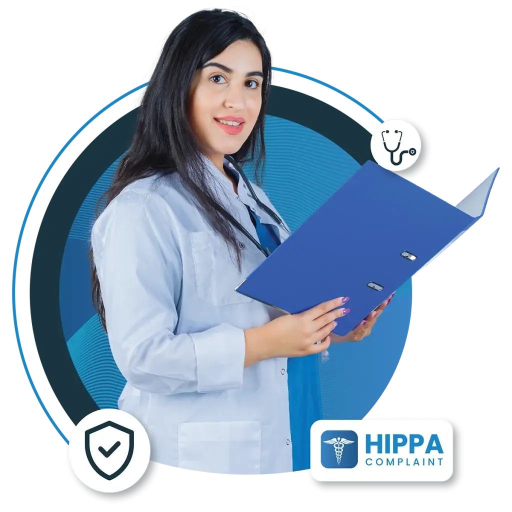 Image of a smiling healthcare professional holding a blue folder, symbolizing medical billing and HIPAA compliance. The professional wears a white lab coat, and the background features medical icons, including a stethoscope and a shield representing security. The 'HIPAA Compliant' label is prominently displayed, indicating adherence to privacy and security regulations in medical billing and coding services."